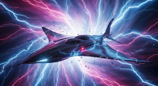 Futuristic Spaceship Navigating a Lightning Storm in Hyperspace photo