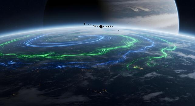 Orbital view of a vibrant Earth displaying swirling atmospheric patterns and a planetary alignment in deep space photo