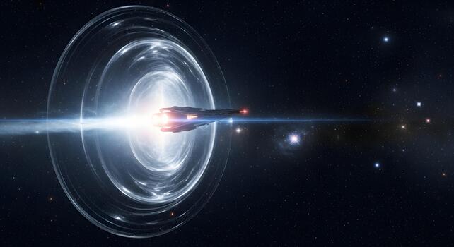 Hyperspace Jump Portal Opens for Advanced Spaceship Traveling Through Cosmic Nebula photo