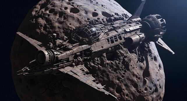 Futuristic Spaceship Exploring a Rocky Asteroid in Deep Space photo