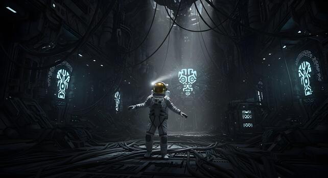Astronaut Explores a Labyrinth of Advanced Alien Technology and Glowing Symbols in a Dark, Mysterious Cosmic Chamber, Unveiling Ancient Secrets of the Universe photo