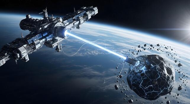 A cutting-edge spacecraft in Earth orbit projects a powerful energy beam onto a fragmenting asteroid, illustrating advanced space exploration and potential resource management in the cosmos photo