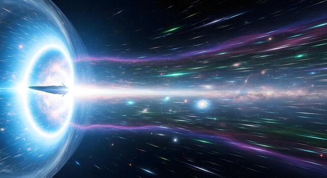 Futuristic spaceship embarks on an epic interstellar journey through a dazzling wormhole, navigating the cosmic expanse with incredible speed and advanced propulsion technology photo