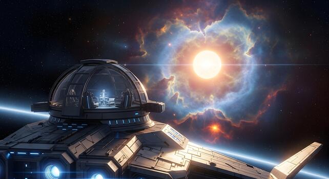 Futuristic spaceship exploring a vibrant nebula with a bright sun in deep space photo