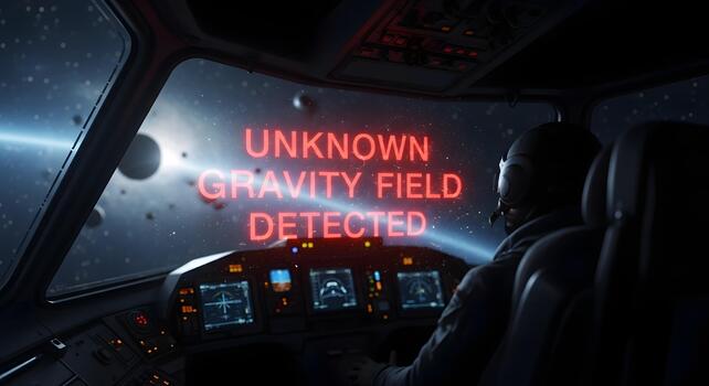 Spaceship cockpit interior displays an urgent alert for an unknown gravity field detected with a pilot observing the celestial expanse photo