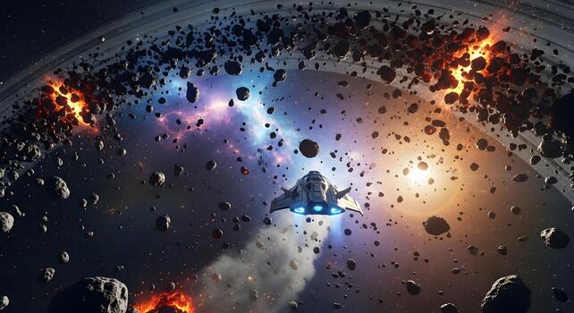 Spacecraft Navigating Through a Ring of Asteroids in a Nebula photo