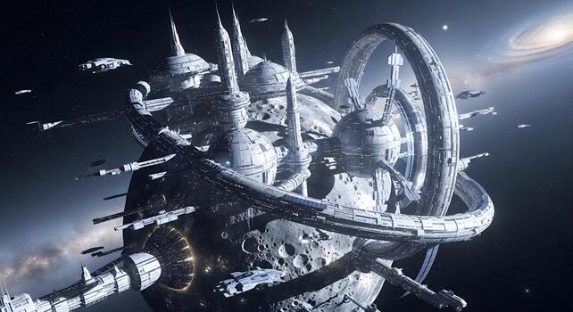 Advanced Space Station Orbiting a Moon with Spaceships in a Starry Expanse photo