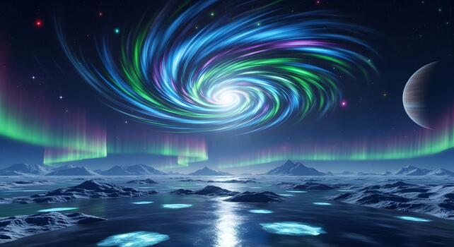 Vibrant celestial light trails weaving through the cosmos, creating a dynamic and futuristic abstract background for digital designs and innovative concepts, evoking speed and technological progress photo