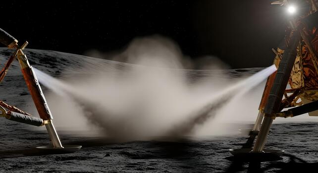 Dramatic depiction of a lunar lander spacecraft during touchdown on the moon's surface, its thrusters creating a cloud of dust photo