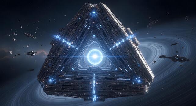 Gigantic futuristic triangular space station featuring a luminous blue energy core, orbiting a celestial ring, with starcraft navigating the vast cosmic ocean photo