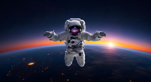 Astronaut floating in the vastness of space, with Earth's glowing horizon and distant city lights visible below photo