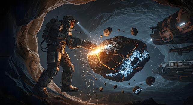 Futuristic space miner extracts valuable glowing minerals from an asteroid deep within a cosmic cavern, sparks flying from advanced technology in a dark interstellar environment photo