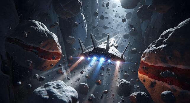 Futuristic spaceship navigating through a rocky asteroid field in deep space, illuminated by engine thrusters photo
