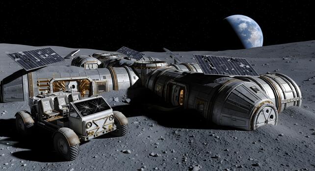 A futuristic science base on the moon with a rover vehicle, representing human colonization and exploration of outer space photo