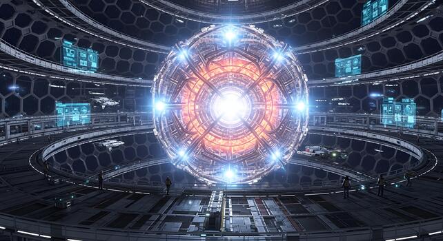 Futuristic spherical core glowing with intricate geometric patterns in a vast, advanced space station interior photo
