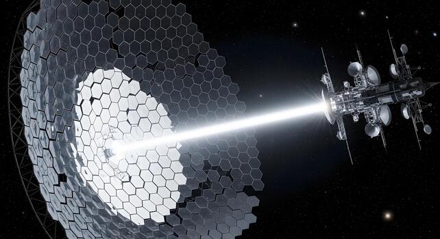 Future space power and communication A giant hexagonal mirror array directs a powerful energy beam towards an advanced orbiting satellite, illustrating cutting-edge celestial technology photo