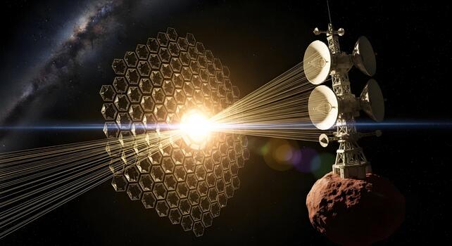 Digital Illustration of Space Satellite Transmitting Data in the Vastness of Space photo
