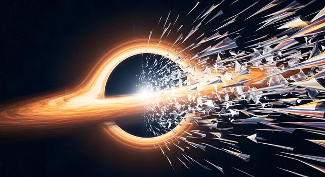 A stunning visualization of a black hole's powerful gravitational pull distorting and shattering spacetime into a chaotic display of light and energy photo