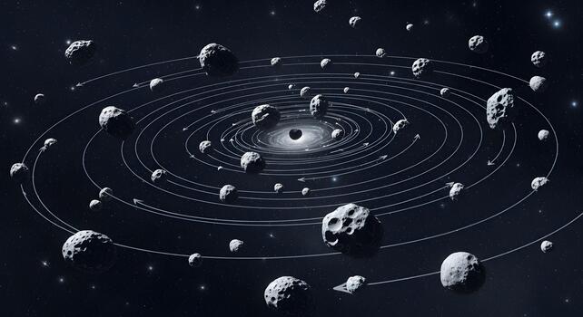 Astounding visualization of a cosmic ballet of asteroids orbiting a distant black hole in deep space photo