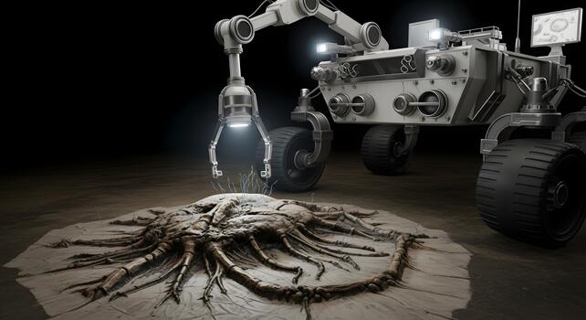 Cutting-edge planetary rover uncovers an intricate, root-like alien formation, meticulously exploring the secrets of an unknown world with advanced technology and scientific tools photo