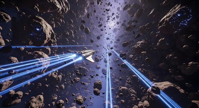 A futuristic spaceship with bright blue thruster trails navigates through a dense asteroid field in the vast expanse of deep space, exploring the cosmos on an epic journey photo
