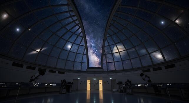 An awe-inspiring view of the Milky Way galaxy from within a futuristic observatory, highlighting cutting-edge scientific technology and the boundless wonder of cosmic exploration photo