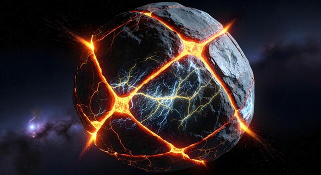 A fractured cosmic body glows with intense internal energy, depicting a celestial event of destruction or genesis within the dark expanse of space, surrounded by stellar dust and faint nebulae photo