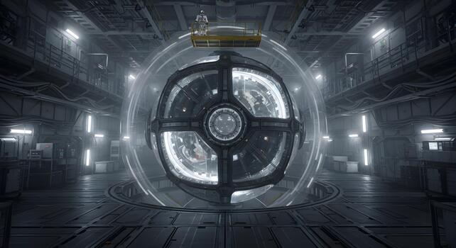 Futuristic spherical laboratory chamber with a scientist in a protective suit examining a glowing technological sphere within a vast industrial complex photo