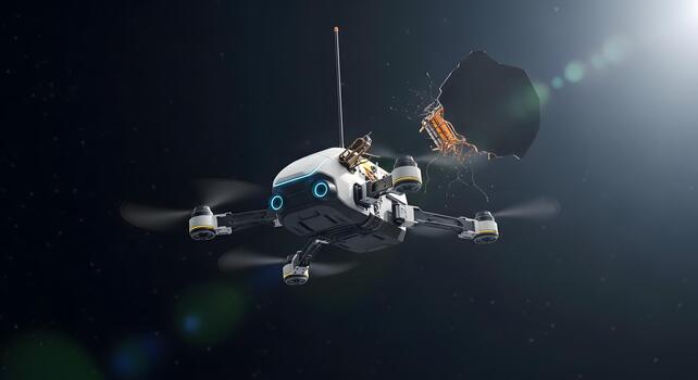 Drone in Space Collision with Asteroid, Space Exploration Concept, Futuristic Tech photo