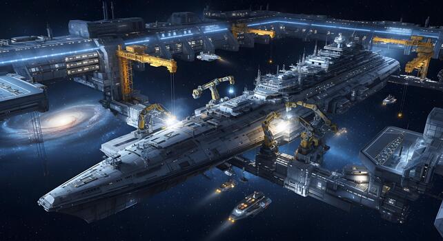 Futuristic Spaceport with Spaceships, Starfield, and Advanced Technology in Deep Space Exploration photo