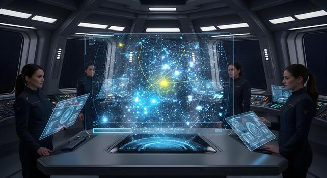 Inside the Futuristic Spacecraft Crew Navigating the Stellar Map, A Sci-Fi Visualization photo