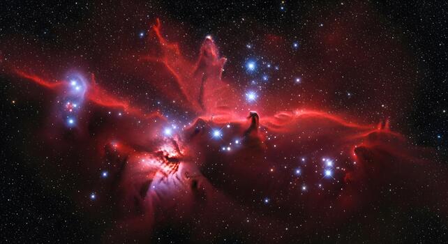 A vibrant and expansive cosmic nebula illuminated by brilliant clusters of stars, showcasing intricate patterns of glowing gas and dust against the infinite dark canvas of deep space photo