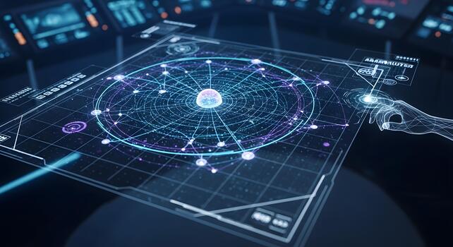 Futuristic holographic interface displaying a complex network of interconnected data points and a central glowing sphere, representing advanced technology and scientific discovery photo