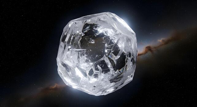 A colossal, multifaceted crystal sparkles intensely in the vast emptiness of outer space, illuminated by distant starlight, presenting a dazzling cosmic wonder photo