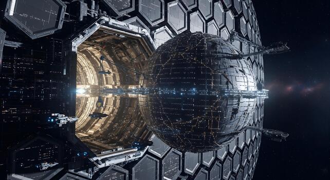 Futuristic space station with hexagonal panels and illuminated sphere in orbit around a planet photo