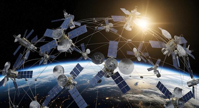 Global satellite network connecting the planet from space with a bright sun in the background photo