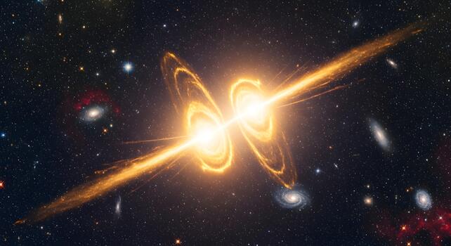 Spectacular cosmic collision of a binary black hole system, emitting powerful energetic jets and gravitational waves across the universe photo
