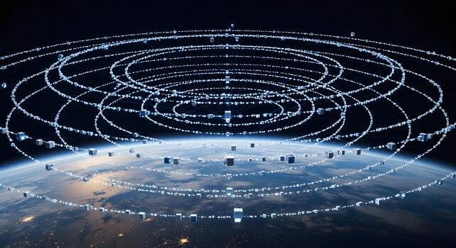 Global network of digital cubes orbiting Earth, symbolizing connectivity and data transfer photo