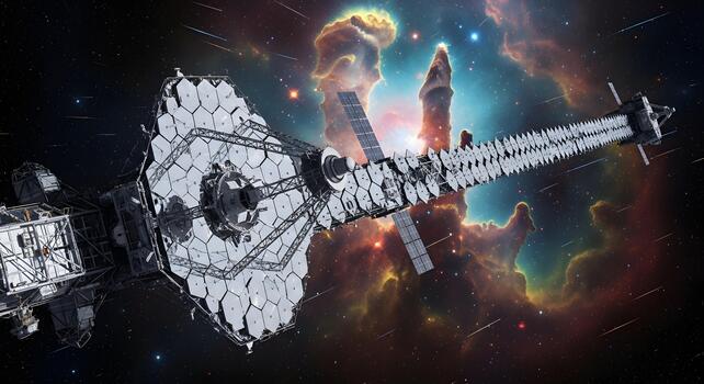 Futuristic deep space observatory with a segmented mirror array exploring a vibrant cosmic nebula and distant stars in the vast universe photo