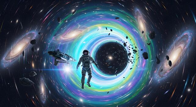 Astronaut exploring a colorful cosmic vortex with galaxies and asteroids, a spaceship in the distance photo