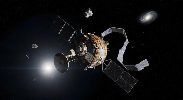 Advanced Satellite Orrery Model in Deep Space with Asteroids and Distant Galaxy photo