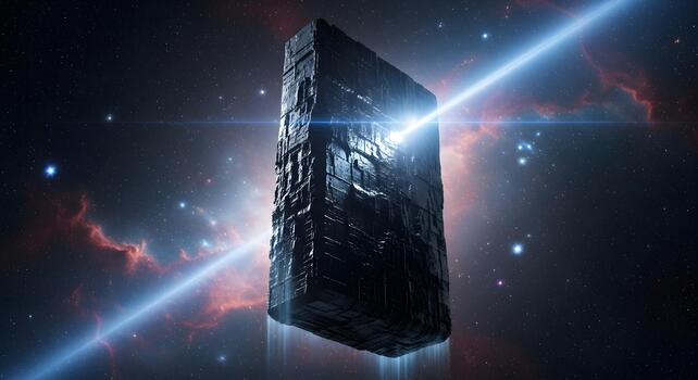 Mysterious monolith in deep space illuminated by a powerful light beam, surrounded by nebulae and stars photo