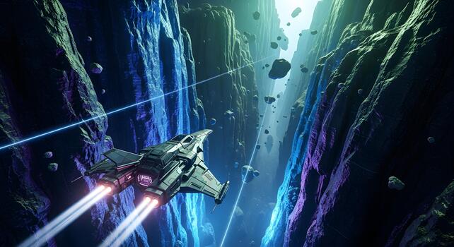 Exploration of a vast alien canyon with a futuristic spaceship navigating through asteroid-filled space photo