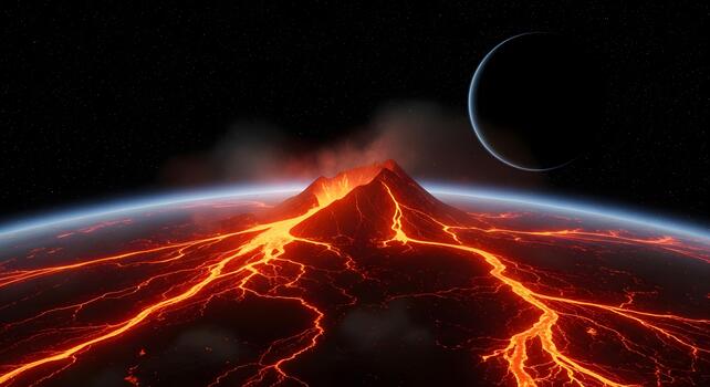 Cosmic view of a primordial volcanic planet erupting, with molten lava flowing across the fiery surface in deep space photo