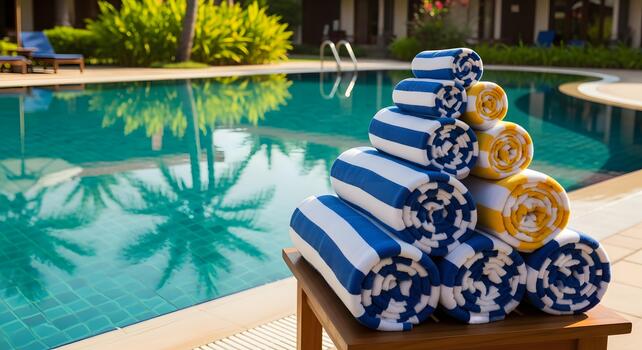 Rolled-up hotel pool towels neatly stacked by the pristine turquoise water and palm trees in a sunny resort setting photo