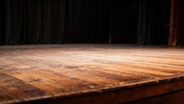 Empty wooden performance space features worn floorboards before heavy dark drapery photo
