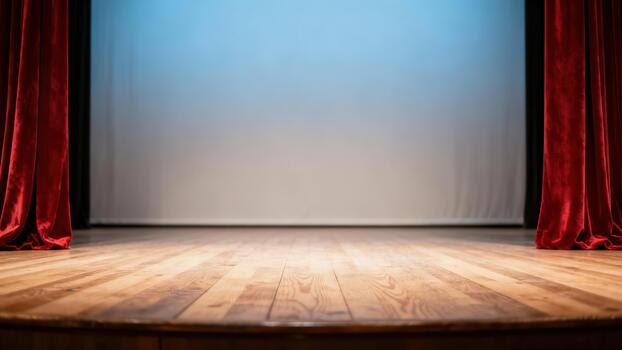 Empty wooden stage awaits performance with deep red velvet curtains framing the backdrop photo