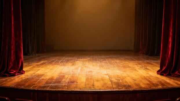 Empty wooden stage illuminated by warm spotlights with deep red velvet curtains drawn to the sides photo