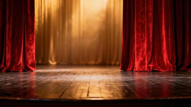 Rich red velvet curtains frame an empty wooden stage illuminated by warm golden light photo