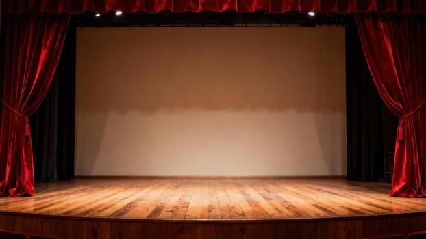 Empty theater stage illuminated with rich red curtains pulled open to reveal a blank backdrop photo